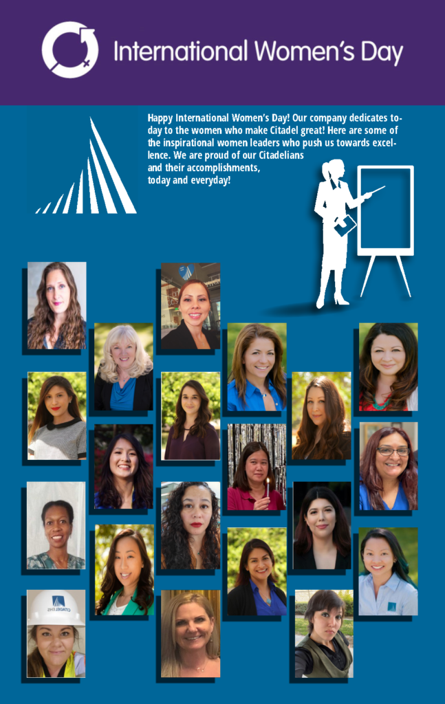 A image of all Citadel female employees on a blue background with a caption that reads "Happy International Women’s Day! Our company dedicates today to the women who make Citadel great! Here are some of the inspirational women leaders who push us towards excellence. We are proud of our Citadelians and their accomplishments, today and everyday!"