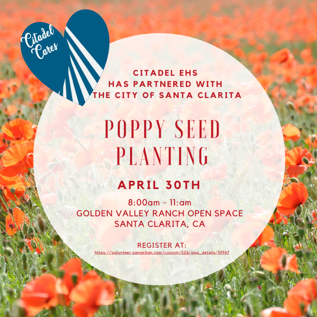 Citadel Cares has partnered with the City of Santa Clarita to volunteer planting California Poppies at Golden Valley Ranch Open Space! A flyer with a background of bright orange california poppies and a semi transparent white circle that reads| Citadel EHS has partnered with the City of Santa Clarita. Poppy Seed Planting, April 30th, 8am to 11am at Golden Valley Ranch Open Space, Santa Clarita, CA. Register at the link below.