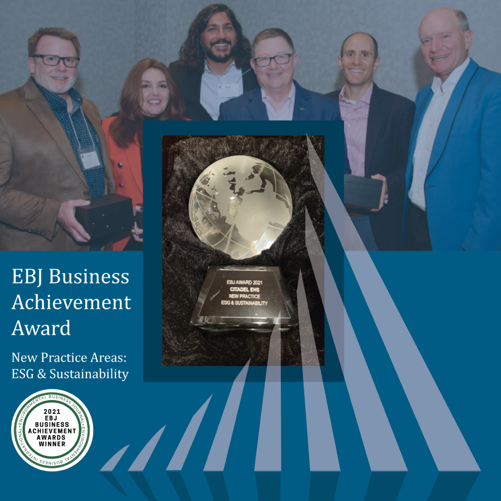 An Image of Ravi Bajaj, Citadel Principal of ESG&Sustainability, receiving the Business Achievement Award from the Environmental Business Journal on behalf of Citadel EHS