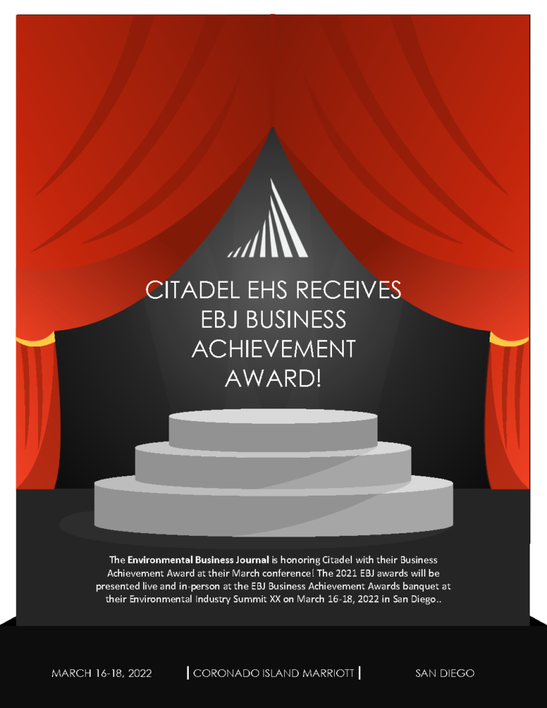A red curtain parts to reveal a stage with the annoucment "Citadel Recieves EBJ Business Achievement Award"