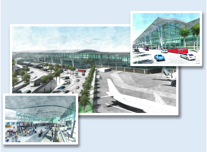 San Diego International Airport A collage with several Illustrations of the new terminal