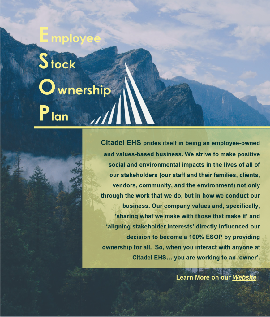 ESOP- Employee Stock Ownership Plan in big yellow words over an image of a mountain forest. Beneath it in a semi transparent yellow text box, it reads"Citadel EHS prides itself in being an employee-owned and values based business