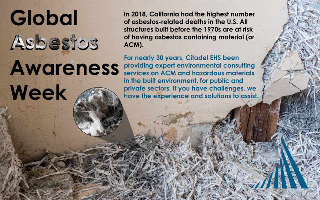 An image of a demolished wall with asbestos insulation coming out of it. A super magnification of the material's fibers occur in a pop out window in the lower half of the image.  In 2018, California had the highest number of asbestos-related deaths in the U.S. All structures built before the 1970s are at risk of having asbestos containing material (or ACM).For nearly 30 years, Citadel EHS has been providing expert environmental consulting services on ACM and hazardous materials.