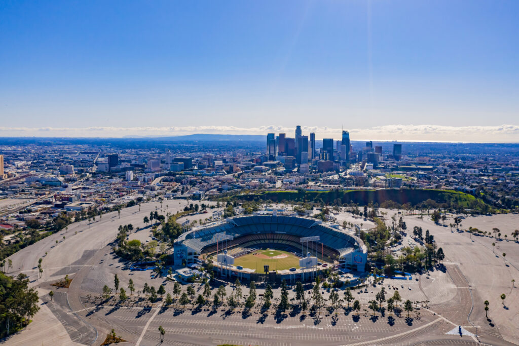 Dodger Stadium taken in the Summer of 2021,An Arial image of the Los Angeles stadium