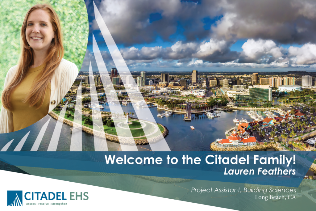 Building Sciences New Hire Announcement - Lauren Feathers! A beautiful image of Long Beach bay with a superimposed headshot of Lauren Feathers and the works" Welcome to the Citadel Family, Lauren Feathers! Project Assistant, Long beach Office"