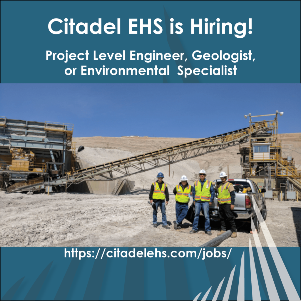A image of a Citadel employee with the words "Citadel EHS is Hiring! project level Engineer, Geologist or Environmental Specialist https://citadelehs.com/jobs/" behind the image is a blue background with the Citadel EHS logo in the bottom right corner.