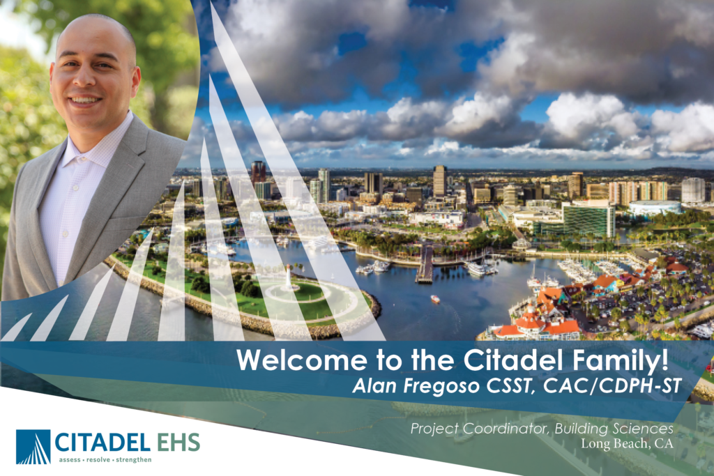 Building Sciences New Addition - Alan Fergoso!! A beautiful image of Long Beach bay with a superimposed headshot of Alan Fergoso and the words" Welcome to the Citadel Family,Alan Fergoso! Project Assistant, Long beach Office"