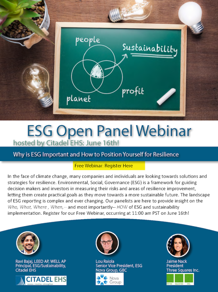 FREE ESG WEBINAR: A flyer proclaiming the Free Webinar on ESG on June 16th at 11:00 am, with images of the speaking panelists and their names.