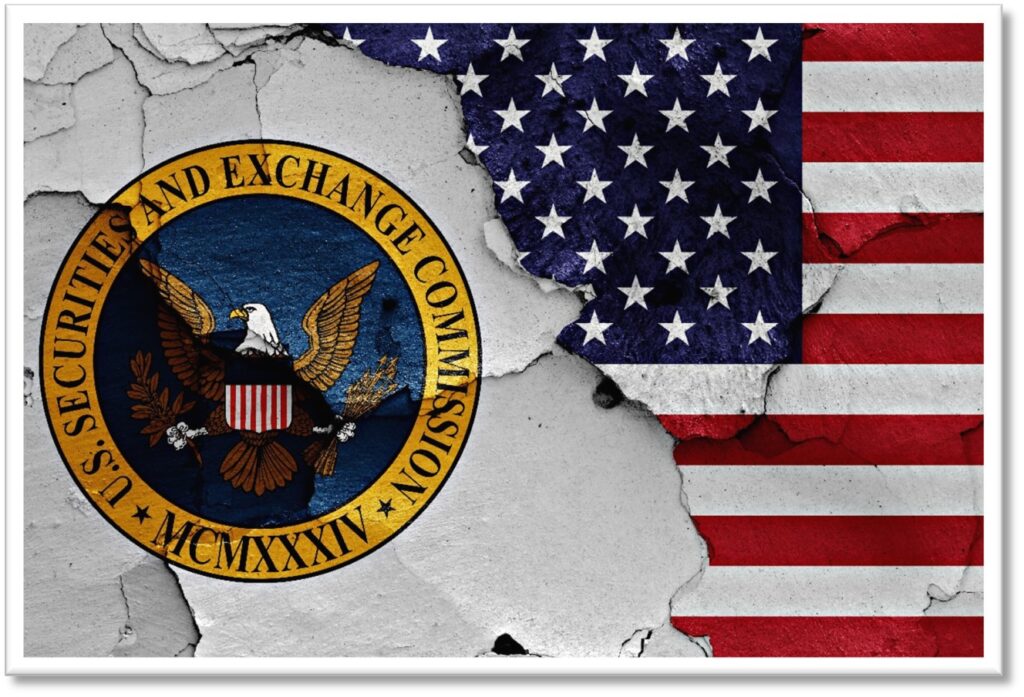 A cracked plaster wall with the american flag painted on is and the SEC ( Securities and exchange commission)'s logo on it.