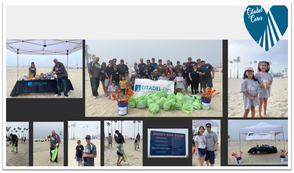 A collage of Citadel EHS employees, and their families participating in the Q2 volunteer event to pick up trash at Rosie's Dog beach in Long Beach.