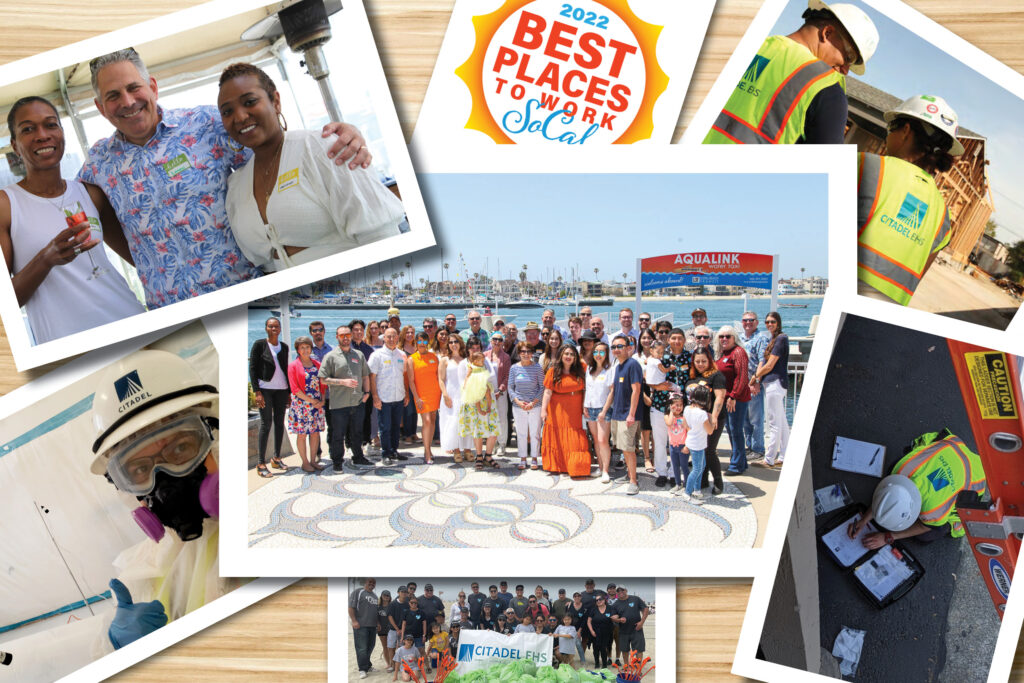 A collage of images of Citadel EHS employees at work, with the Best Places to Work SoCal 2022 logo at the top