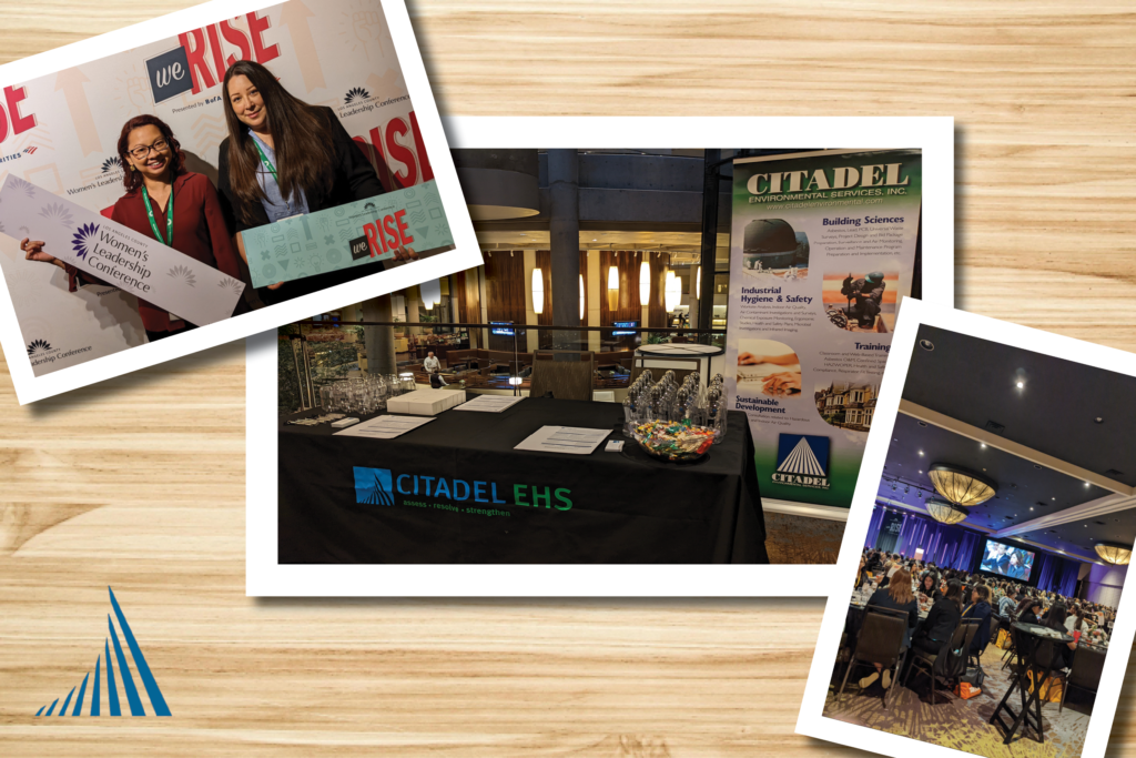A collage of polaroid style images on a table. The pictures depict from left to right: Nalinna Rasu and Nicolette Casarez, Citadel EHS employees at the LA County Women's Leadership Conference posing in front of the event banner, The Citadel EHS sponsor table set up, and an image of the event with attendees seated at the tables during the presentation.
