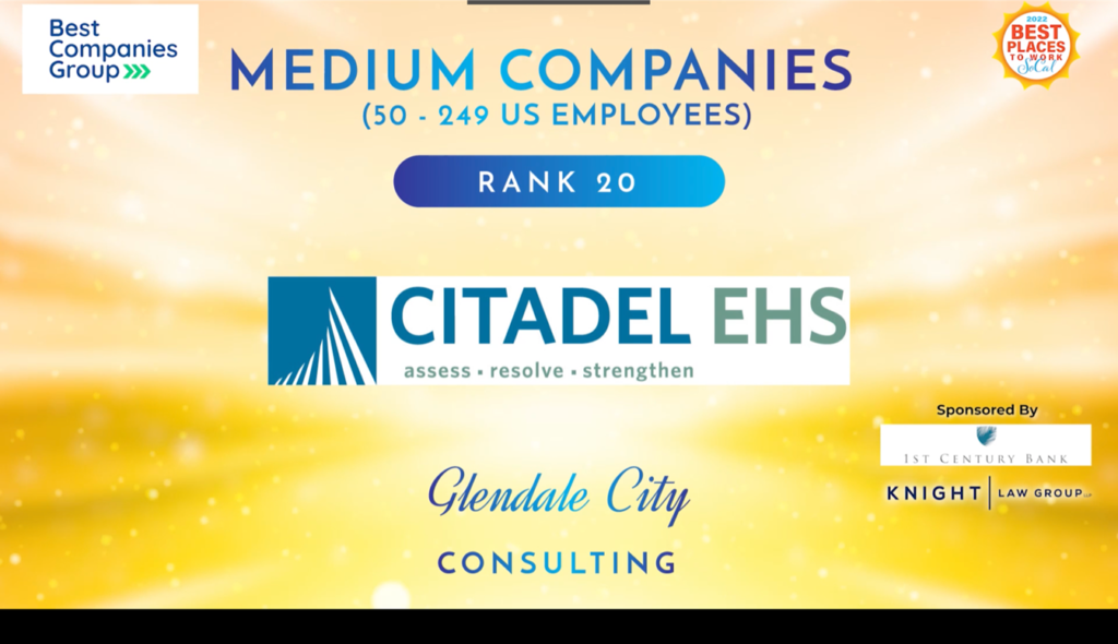 A background of golden sunshine with the words " Best Companies Group, Medium Companies ( 50-249 employees) Best Places to Work RANK 20, CITADEL EHS"