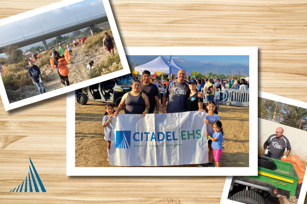 Citadel Cares Q3 Volunteer Event - A collage of polaroid style images on a table. The pictures depict from left to right: Volunteers picking up trash at the Santa Clarita River Rally, Citadelians and their friends and family posing behind a Citadel EHS banner for the event, and a A citadel employee loading up the back of a cart with trash