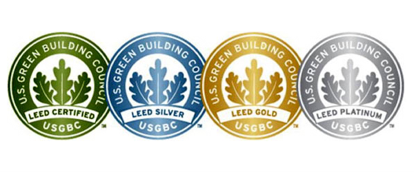 An image displaying all 4 LEED level seals. Certified is green, Silver is blue, Gold, and Platinum. 