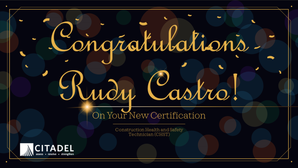 A unfocused picture of lights with the words "Congratulations Rudy Castro on your new certification Construction Health and Safety Technician (CHST)" in gold over the image
