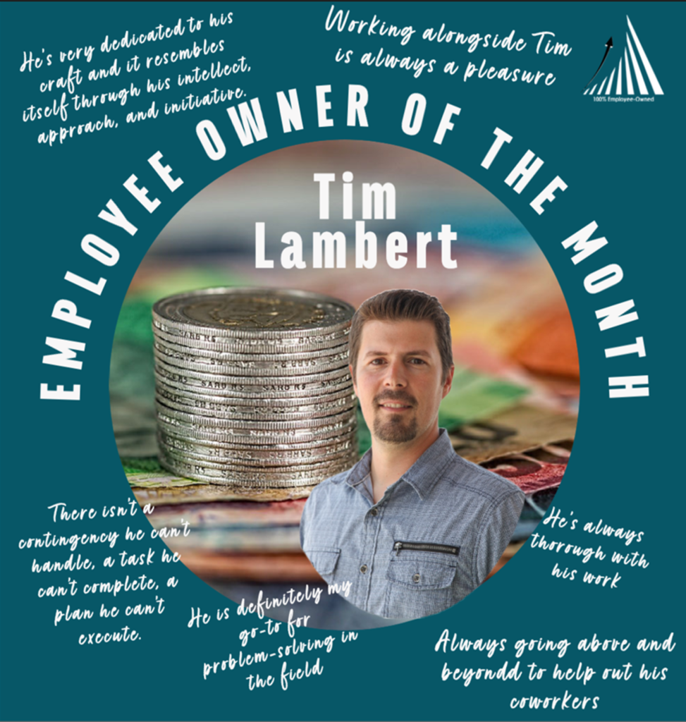 A blue field with a circular photo of currency in the middle. Superimposed by the headshot of Citadel EHS employee Tim Lambert, with the words " EMPLOYEE OWNER OF THE MONTH, Tim Lambert"