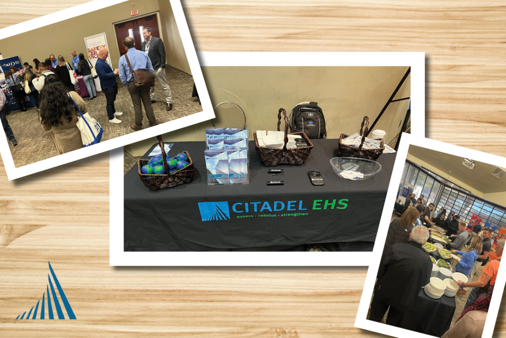 A collage of polaroid style images on a wooden table. The images from the 2022 Southern California Joint Technical Symposium (JTS) Conference from left to right are: a shot of Scott Brehmer in the crowd, the Citadel EHS booth, and the JTS conference buffet.