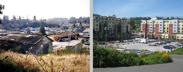 A side by side image of a brownfield site redeveloped into affordable housing.
