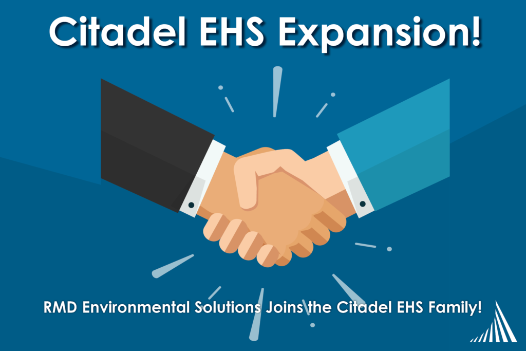 An Illustration of two hands with business suit cuffs in a handshake. The Text reads" Citadel EHS Expansion. RMD Environmental Solutions Joins the Citadel EHS Family.