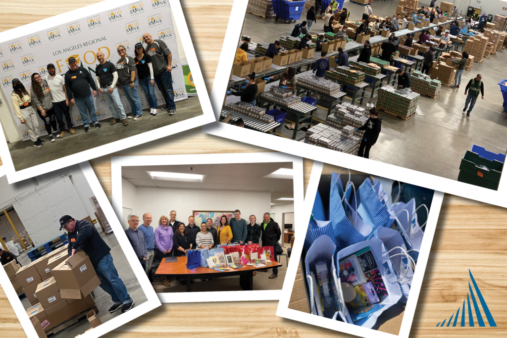 A collage of polaroid style images showing Citadel EHS employees volunteering at the LA food bank and making Arts and Crafts kits for the UCSF Benioff Children's Hospital. 