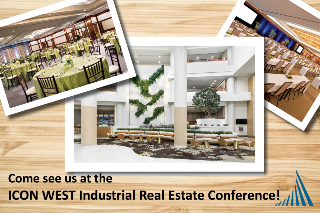 A collage of polaroid style images showing the venue for the ICON WEST Industrial Real Estate Conference.