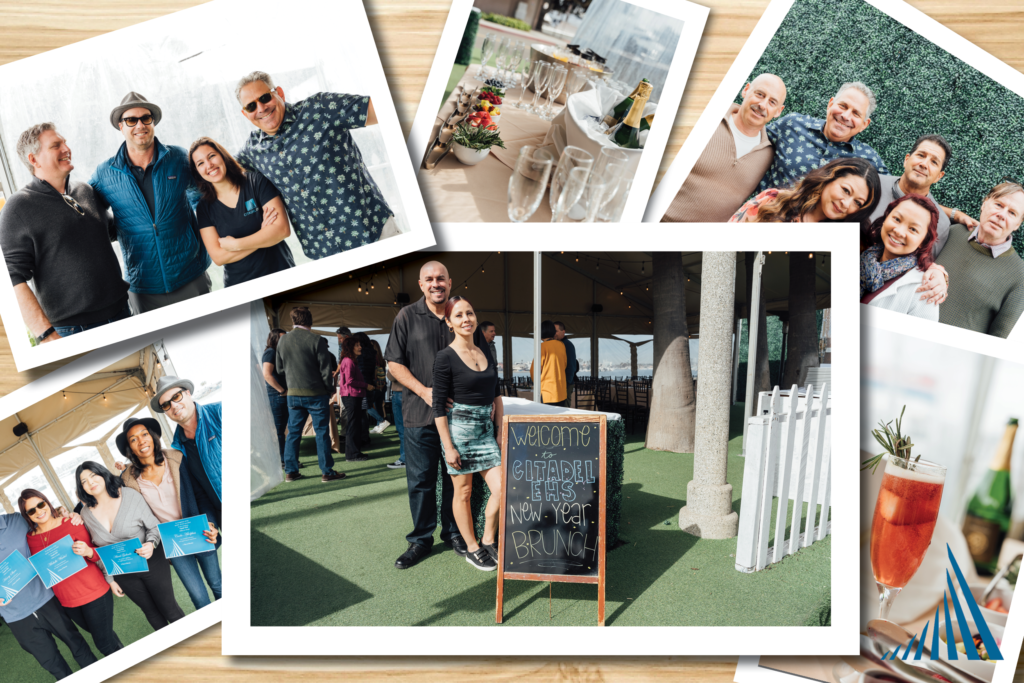 A collage of polaroid style images showing Citadel EHS employees enjoying the  Citadel EHS Q1 Luncheon and celebrating Citadel values.