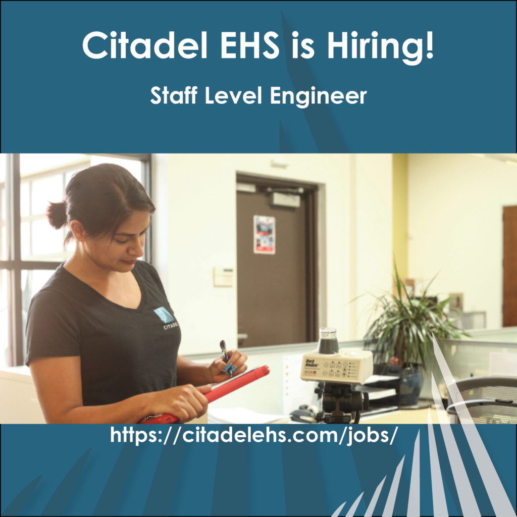 A image of a Citadel employee with the words "Citadel EHS is Hiring! Staff level Engineer, Geologist or Environmental Specialist https://citadelehs.com/jobs/" behind the image is a blue background with the Citadel EHS logo in the bottom right corner.